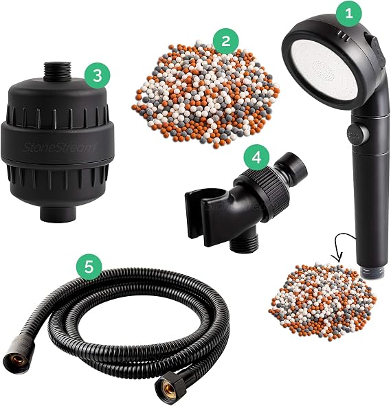 Original StoneStream EcoPower Shower Head System Spa Like Ionic Filter to Soften Water, Increase Pressure & Save Water Showerhead + Hard Water Filtration + Wall Adapter Kit Matte Black