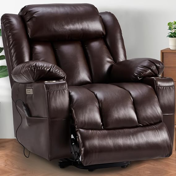 Large Power Lift Recliner Leather Chair Sofa with Massage & Heat, Lazy Boy Chair with Cup Holders, USB & Type-C Ports, Remote Control (Brown)