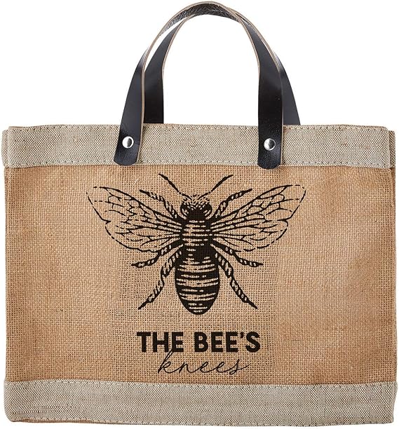 Santa Barbara Design Studio Mini Jute Tote - Natural Burlap Hand Bag with Waterproof lining and Leather Handles, 12.5" x 9.5", Bees Knees