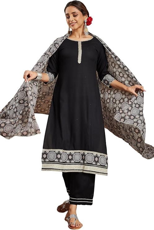 Janasya Indian Women's Rayon Black Ajrakh Print Festive Wear Kurta Set for Women