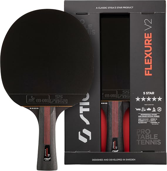 STIGA Flexure V2 Table Tennis Bat – 5-Star Blade, ITTF-Approved STAR5 Rubber, Ergonomic Grip – For Offensive Players, Black/Red