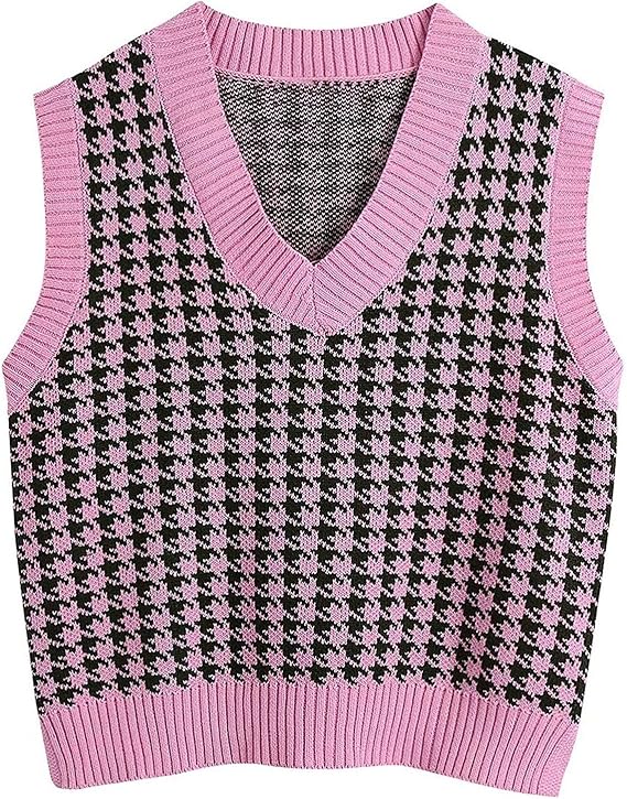 Oversized Sweater Vest Women Casual V Neck Houndstooth Knit Sweaters 2025 Fall Aesthetic Checkered Work Vests