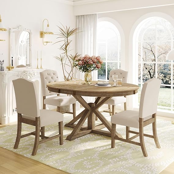 Retro 5-piece Farmhouse Dining Table Set Extendable Round Oval Table and 4 Upholstered Chairs for Kitchen Dining Room, Natural Wood Wash