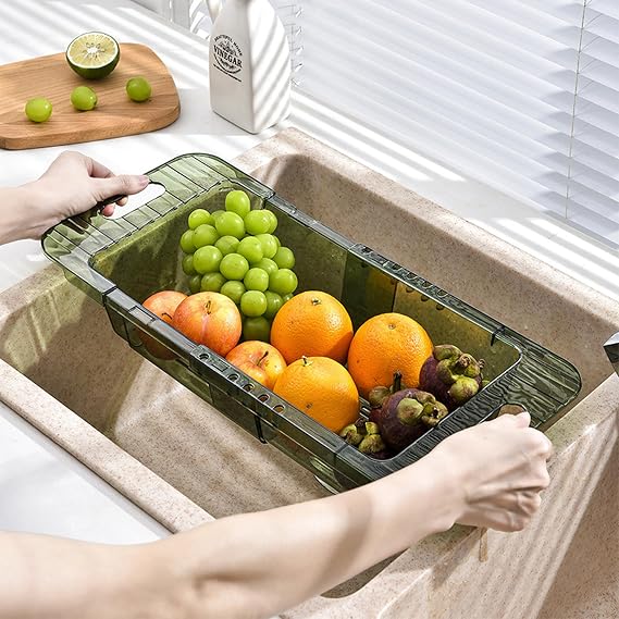 Draining Basket, Extendable Fruit and Vegetable Washer Colander Basket Countertop Storage Basket, Strainer Drainer Basket for Kitchen Sink (Green)