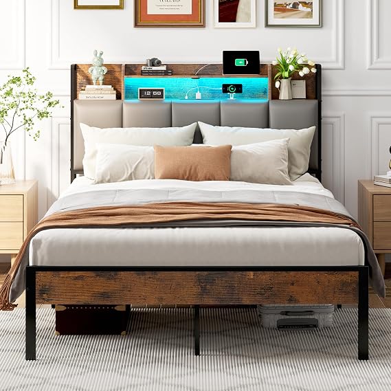 ODK Double Bed Frame with Storage Upholstered Headboard and LED, 135x190cm