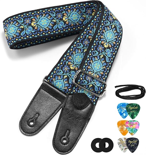 POGOLAB Guitar Strap, 2 inch Wide Jacquard Embroidery Cotton Adjustable Guitar Straps with Leather Ends, Soft & Comfortable, with Strap Locks & Picks, for Bass/Electric/Acoustic Guitar (Blue)