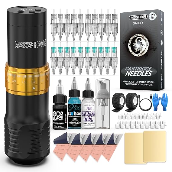 Wormhole Tattoo Wireless Tattoo Gun Kit with 1/2 OZ Xtreme Tattoo Ink 1,500 mAh Capacity Battery, 20PCS Tattoo Needles, Complete Tattoo Machine Kit Wireless Tattoo Pen for Tattooists WTK383