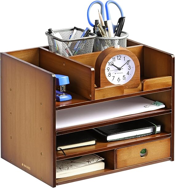 Navaris Bamboo Desk Organizer - Wood Desktop Storage Drawers and Compartments for Organizing Stationery, Documents, Files, Office Accessories - Brown