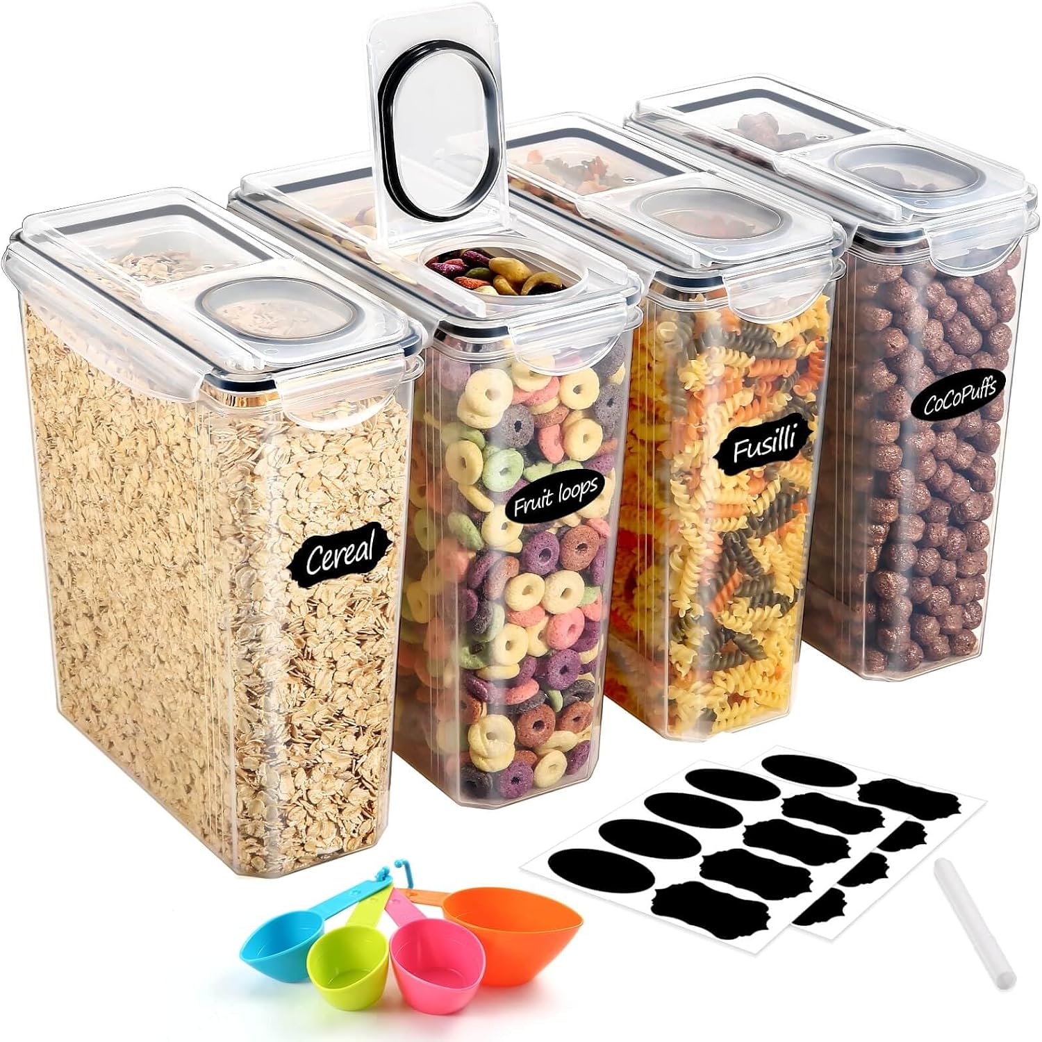 YASHE Cereal Storage Containers, 4Pcs Plastic Food Storage Containers with Lids Airtight, Durable Food Grade BPA-Free Cereal Containers with 16 Labels & 1 Marker
