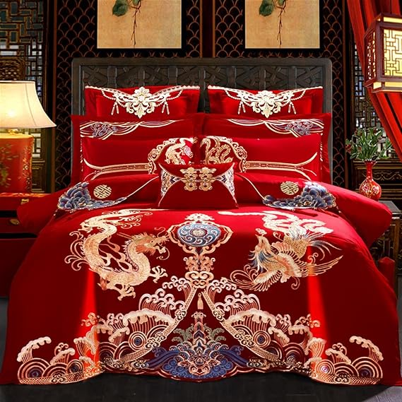 kiryu Chinese Traditional Red Sheet Asian Bedding Dragon and Phoenix Bird Embroidery Duvet Cover Sets,100% Cotton Embroider Luxury Wedding Decoration (G, Queen)