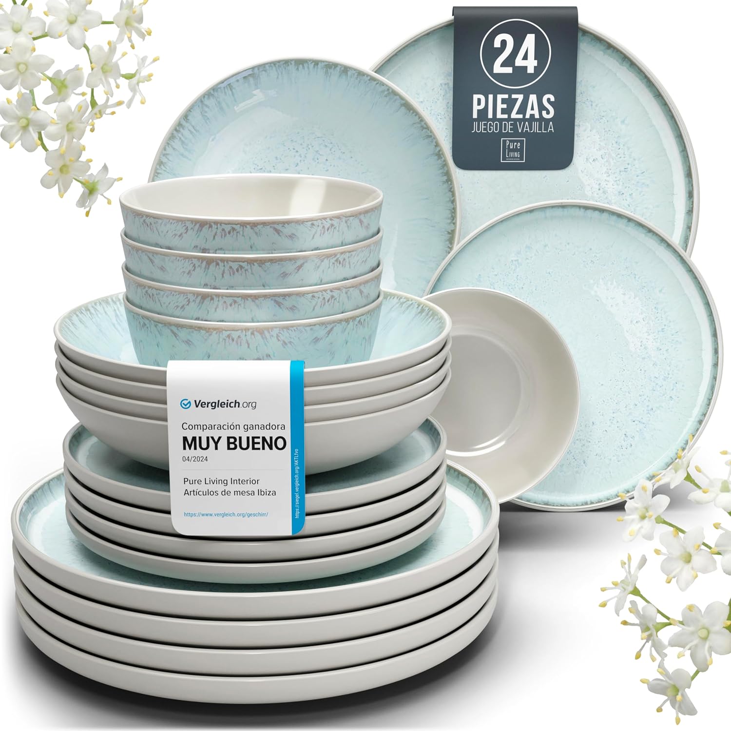 Steingut Ibiza Dinnerware Set for 6 People - 24 Pieces, Dishwasher and Microwave Dinnerware Set - Modern Plate Set - Pure Living Service in Light Beige