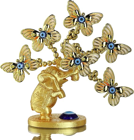 YU FENG 4.5'' Butterfly Evil Eye Tree with Elephant Statue, Feng Shui Decor