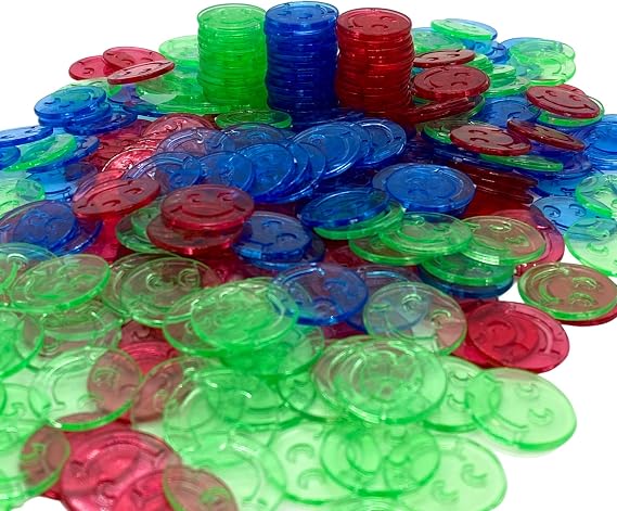 MR CHIPS Bingo Chips 3/4" Size - 1200 Counting in Blue, Red and Green Color Smiley Face Design Versatile for Classroom Activities & Board Games