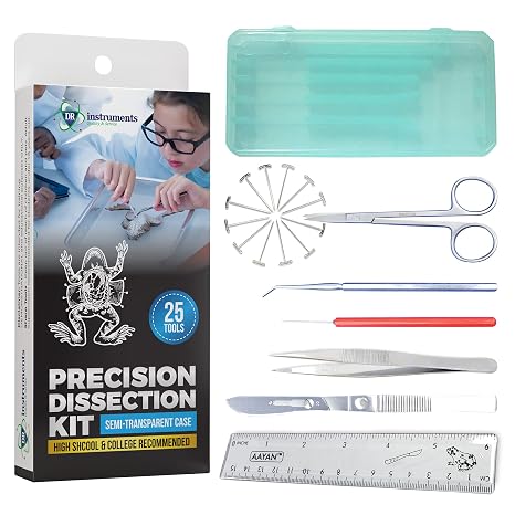 61936PCT Precision Dissection Kit - 25-Piece Biology Kit - 8 Stainless Steel Instruments - Extra Blades & T-Pins - Biology Students & Faculty - Autoclavable Case in Assorted Colors