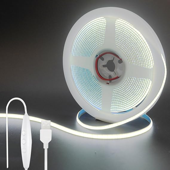 5V 5mm Wide COB LED Strip Light Dimmable 2M Daylight White 6500K 400LEDs/M, 8W/M, CRI90, 1500lm, Plated Double Sided Panel Light Strip, Non-Waterproof IP20 5 Level Dimming, 1.5m Cable DIY