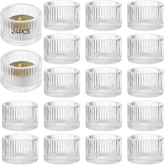 24 Pieces Glass Clear Candle Holders, Vertical Striped Tealight Holders, Glass Elegant Tealight Containers for Parties, Home Decor, Aromatherapy, Wedding Centerpiece
