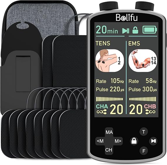 TENS EMS Unit Muscle Stimulator for Pain Relief Therapy - 4 in 1 TENS EMS Relax Custom Frequency+Pulse - Muscle Massager 36 Modes 20 Intensity, Memory & Favorites Function, 3.8" Color Display - Gray