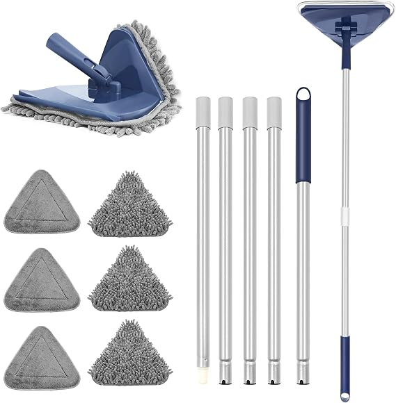 Wall Cleaner Mop with 82" Handle, 360 Rotating Triangle Head and Microfiber Pads, Built-in Squeegee for Ceiling Mop, Baseboard Cleaning and Windows