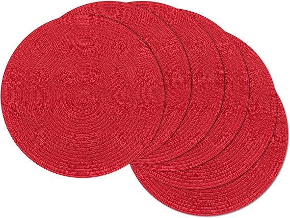 SHACOS 15" Red Round Braided Placemats Set of 6 Washable Fabric Place Mats