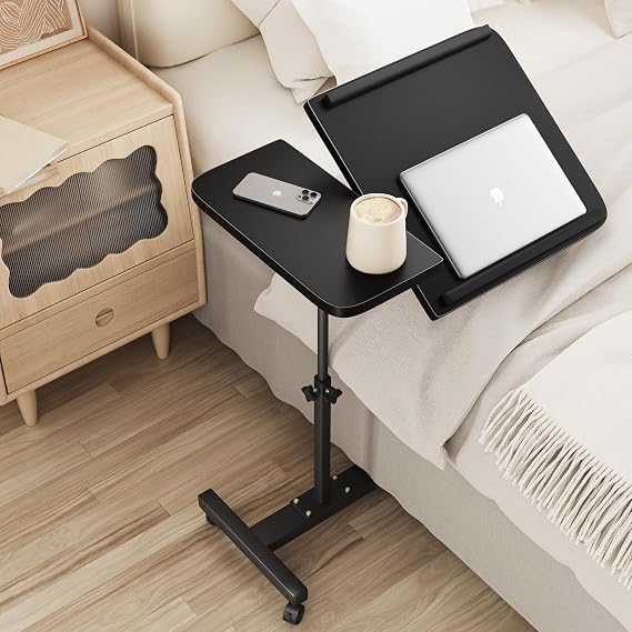 Adjustable End Table Overbed Bedside Table with Wheels, Standing Medical Desk Laptop Computer Cart for Hospital and Home Use,Black