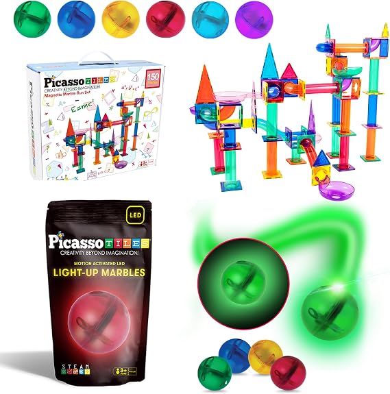 PicassoTiles 150PC Marble Run Race Track + 4PC LED Light-Up Glow in The Dark Translucent Balls: STEAM Educational Playset for Kids - Fun Learning Construction Toy, Creative Design, Sensory Development