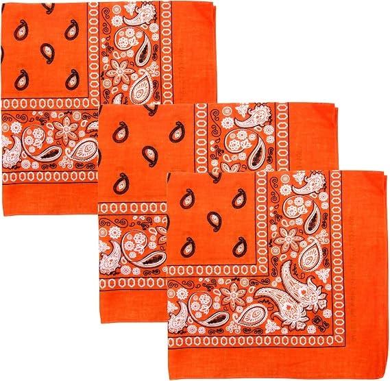 3 PK Cowboy Bandanas 100% Cotton 22 x 22 inch - Orange