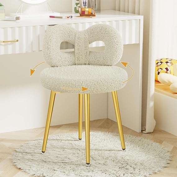 ROOMTEC Swivel Vanity Chair with Back, Upholstered Desk Chair for Girls, Modern Makeup Vanity for Bedroom, Living Room (Off-White with Golden Leg)