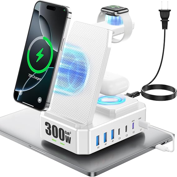 300W Charging Station for Multiple Devices Apple, Zutspzss 10 in 1 Wireless Charger for iPhone 17, GaN III USB C 65W PD Fast Charging Stand Dock for MacBook, Apple Watch&Airpods,White