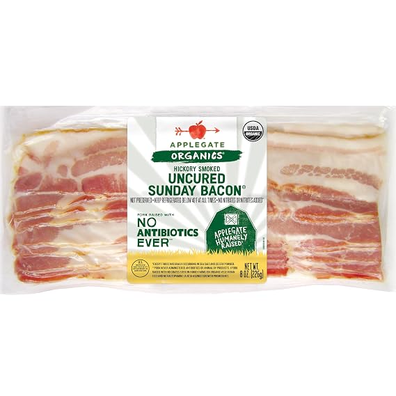 APPLEGATE, Organic Uncured Sunday Bacon, 8oz | No Antibiotics Ever, No Nitrates or Nitrites Added, Applegate Humanely Raised
