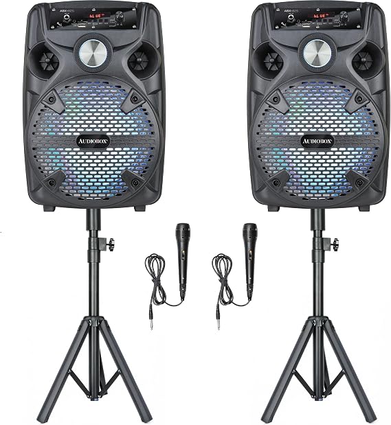 Audiobox 2X Bluetooth Party Speakers with 2 Stands & 2 Microphones | WaveSync TWS Pairing, 7-Color LED Lights, USB, TF, FM Radio, AUX Inputs, Rechargeable Battery, Mic Inputs, Pefect for Karaoke