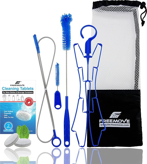 Hydration Bladder Cleaning Kit 6in1 - Clean and Maintain 2L and 3L Water Bladders with Ease - Includes 3 Brushes, Drying Hanger, Carry Bag & 2 Cleaning Tablets For Any Camelback Water Pack Backpack