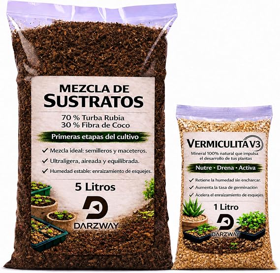 Professional Substrate 5L + 1L Vermiculite – Blonde Peat and Coconut Fibre – Ideal for Seedlings, Germination and Cuttings – Potting Soil and Urban Garden – Optimal Drainage and Aeration.