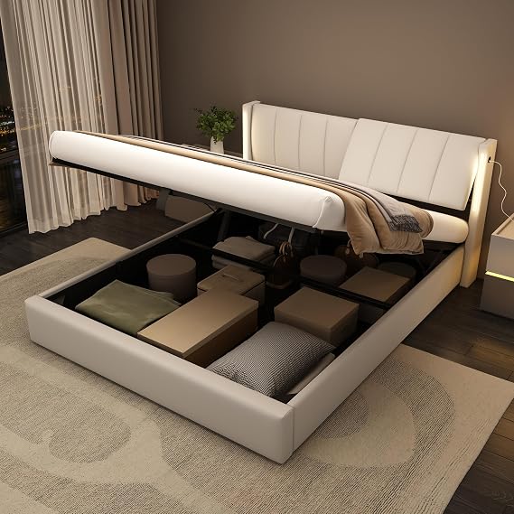 King Size Upholstered Bed Frame with LED Lighting and USB Ports, 150x200cm 5ft Modern Double Bed Frame with Adjustable Headboard and Hydraulic Storage Space for Bed Room, PU, White, No Mattress