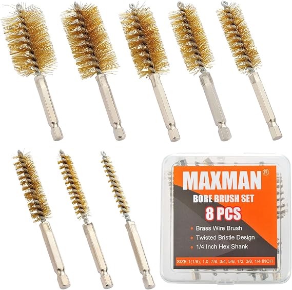MAXMAN Bore Brush Set, 8PCS Brass Wire Brush for Drill, 1/4" Hex Multi-Diam