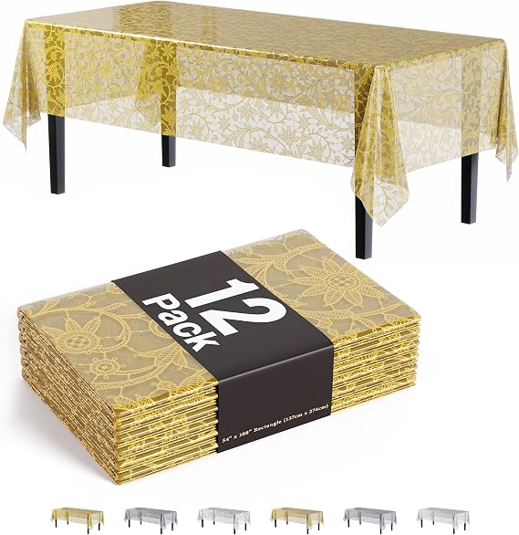 Exquisite Lace Table Cloth Rectangle Table Plastic 12-Pack Lace Tablecloth Rectangular 54" X 108" | Clear & Gold Floral Tablecloth Disposable | Wild Flower Party Decorations & Party Supplies