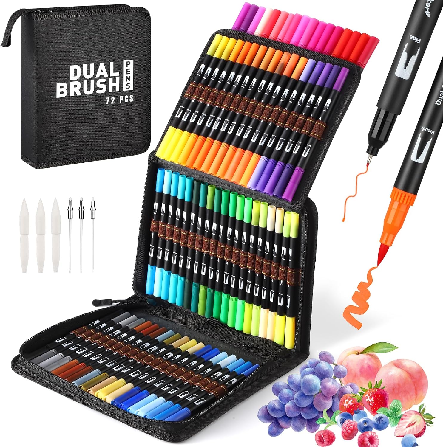 Colouring Pens, 72 Dual Tip Brush & Fineliner Pens Set, Watercolour Brush with Case for Adults & Kids