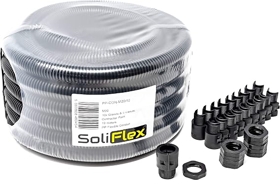 SoliFlex Flexible Conduit Outdoor Cable Contractor Pack IP40-10M Coil - Underground Burial, External Trunking, Electrical Ducting, Hose Pipe Wire Protection. w/Fittings - 10 Glands and Locknuts (M20)