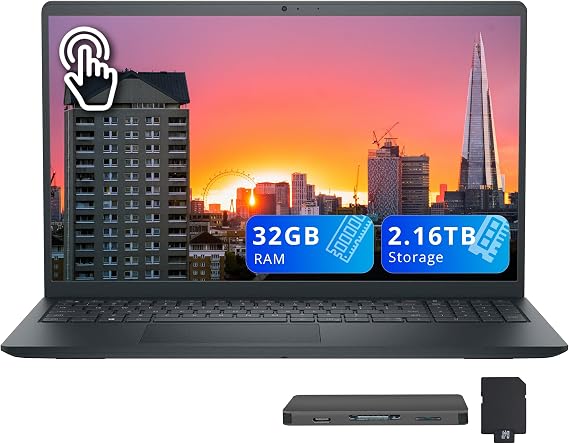 Dell Inspiron 15.6" FHD Touchscreen Laptop, Intel i5-1334U, 32GB RAM, 2.16TB Storage (2TB SSD + 160GB Docking Station Set), Intel UHD Graphics, Full-Size Keyboard, Wi-Fi 6, Windows 11, Black