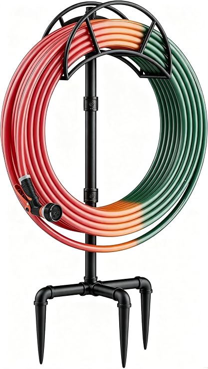 LANDVOI Freestanding Garden Water Hose Storage Holder Stand for Outside, 160-Ft Hose Heavy Duty Metal Hanger Reel Organizer Outdoor Yard Lawn, Standing Keeper Rack with Ground Stake, Black GHH01B