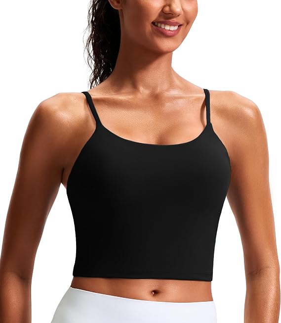 Longline Sports Bras for Women Workout Tops Padded Yoga Athletic Crop Tank Top with Built in Bra Spaghetti Straps