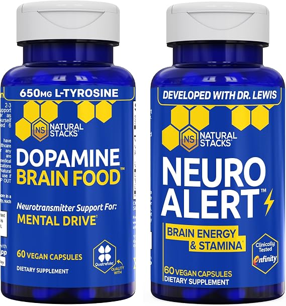 NATURAL STACKS NeuroAlert + Dopamine Brain Food Bundle - 200mg Paraxanthine & 650mg L-Tyrosine Supplement - Caffeine Free Supplement - Support for Brain Energy & Mental Drive* - 50 Total Servings