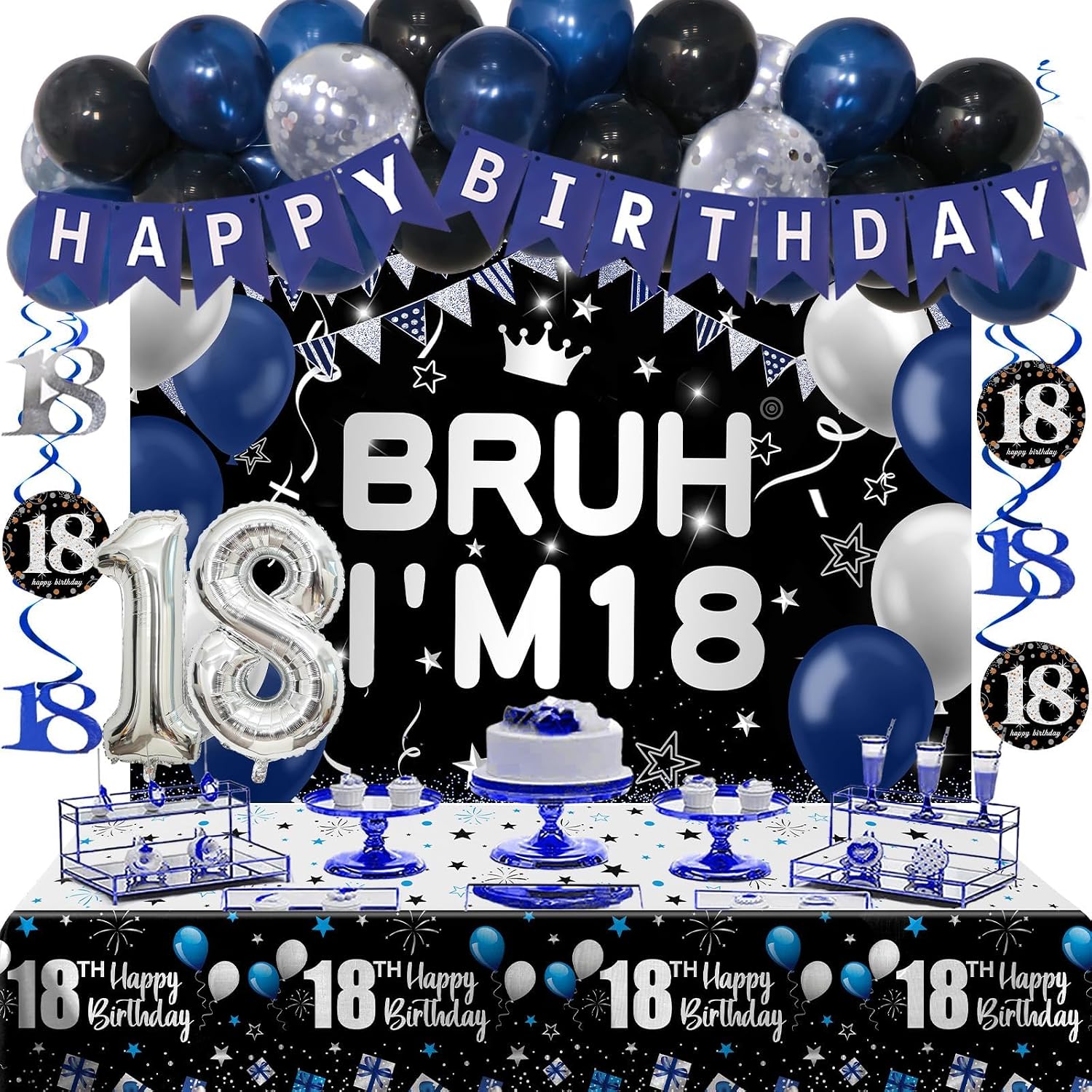 18th Birthday Decorations, 18th Birthday Decorations For Boys Girls Bruh I'M 18 Backdrop 18th Birthday Balloons 18th Birthday Banner Tablecloth Teenager Birthday Decorations Hanging Swirls Supplies