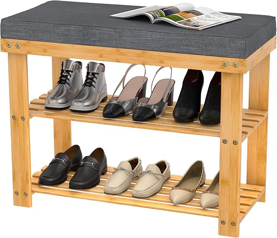 Domax Bamboo Shoe Bench with Cushion, 3-Tier Shoe Rack Organizer, Natural
