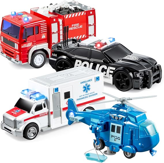 JOYIN 4 Pcs Emergency Vehicle Toy Playsets, Friction Powered Vehicles with Light and Sound, Including Fire Truck, Ambulance, Play Police Car and Helicopter, Kids Boys Gifts