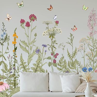 Poppy Flower Wall Stickers Bird Butterfly Wall Decor Decals Peel and Stick Floral Wall Home Glass Window Art Decor for Bedroom Living Room Offices Home Decoration