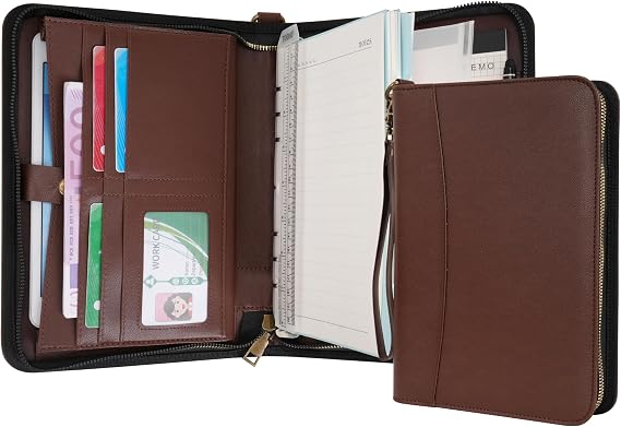 WASON Portfolio A5 Binder Journal with Zipper - Leather pu Writing Notebook Padfolio with Detachable Refillable Notebook, Legal Pad for Business Study and Travel Organizer (Coffee)