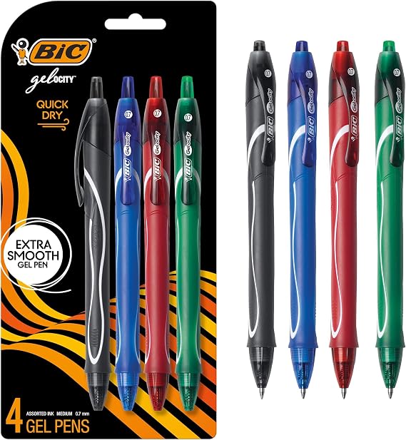 BIC Gelocity Quick Dry Gel Pens, Medium Point, 0.7mm, 4-Count Pack
