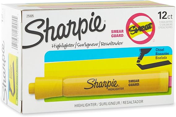 Sharpie Tank Style Highlighters, Chisel Tip, Yellow, 12 Count