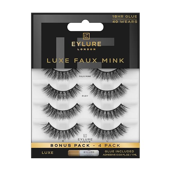 Eylure Luxe Faux Mink Ruby Eyelashes, Reusable Strip Lashes, Silk Effect Fibers, Black, Multipack (4 Pairs)