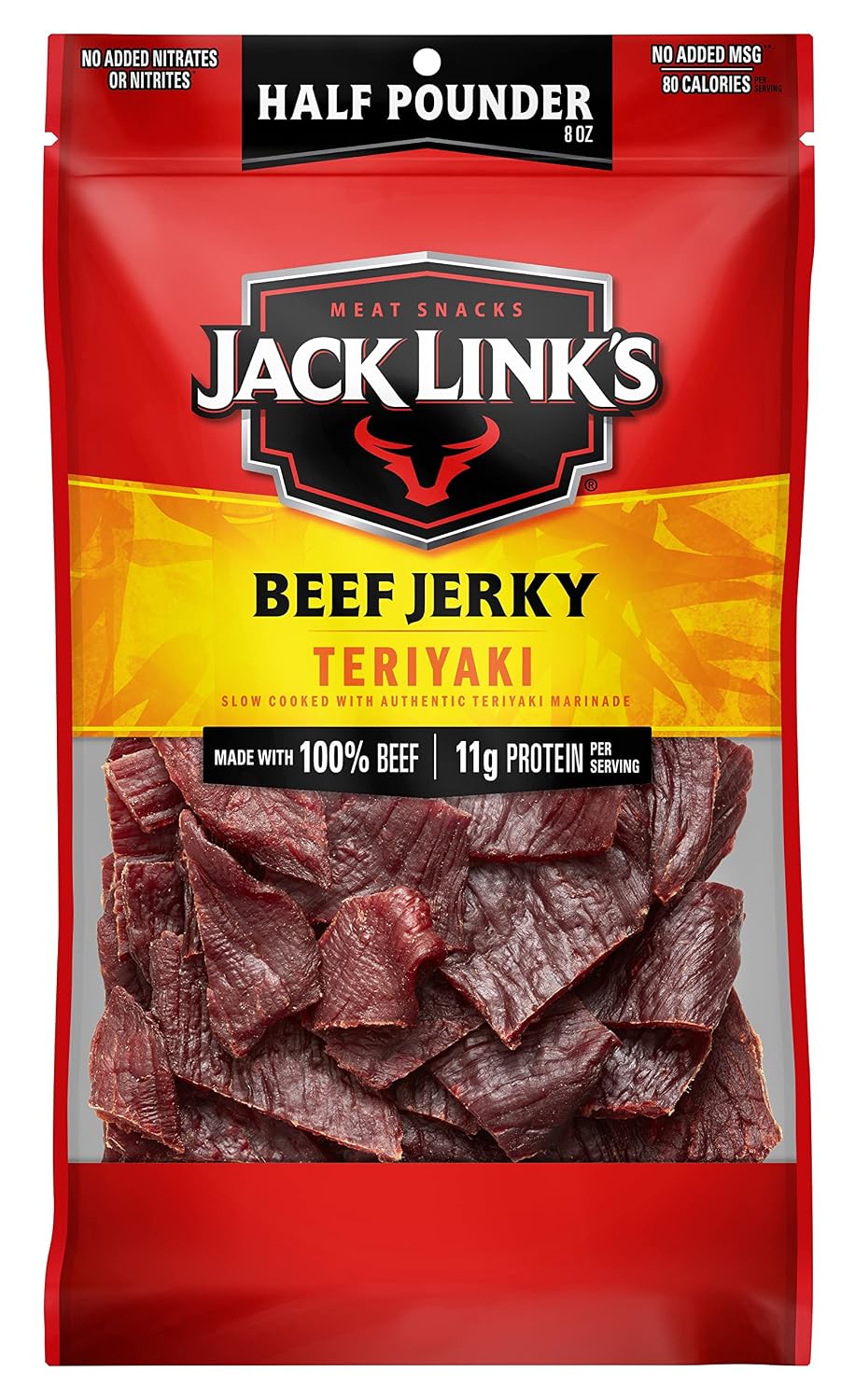 Jack Link's Beef Jerky, Teriyaki, ½ Pounder Bag - Flavorful Meat Snack, 11g of Protein and 80 Calories, Made with Premium Beef - 96 Percent Fat Free, No Added MSG or NitratesNitrites